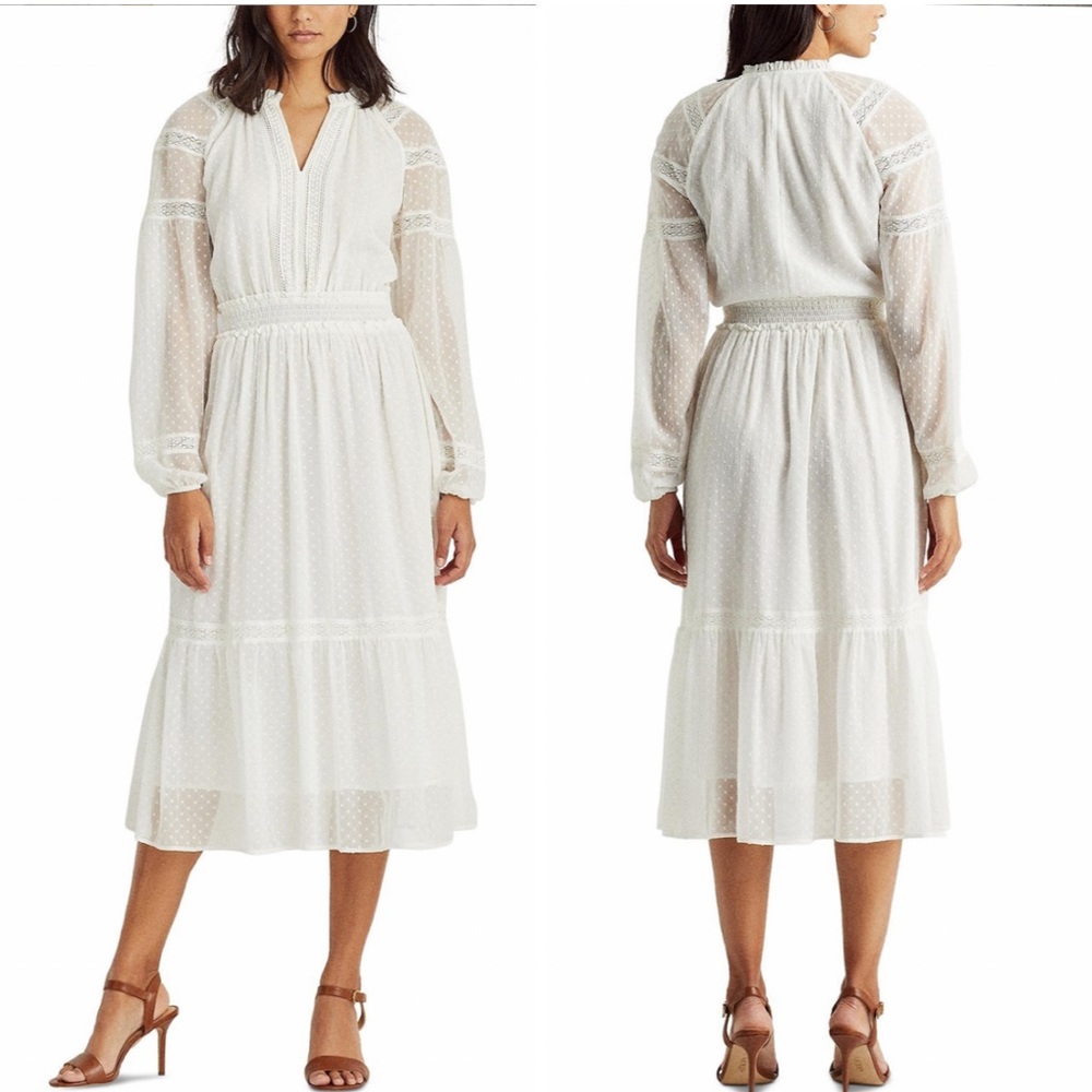 Lauren Ralph Lauren Black Label Dot Lace Trim Dobby Midi Dress
